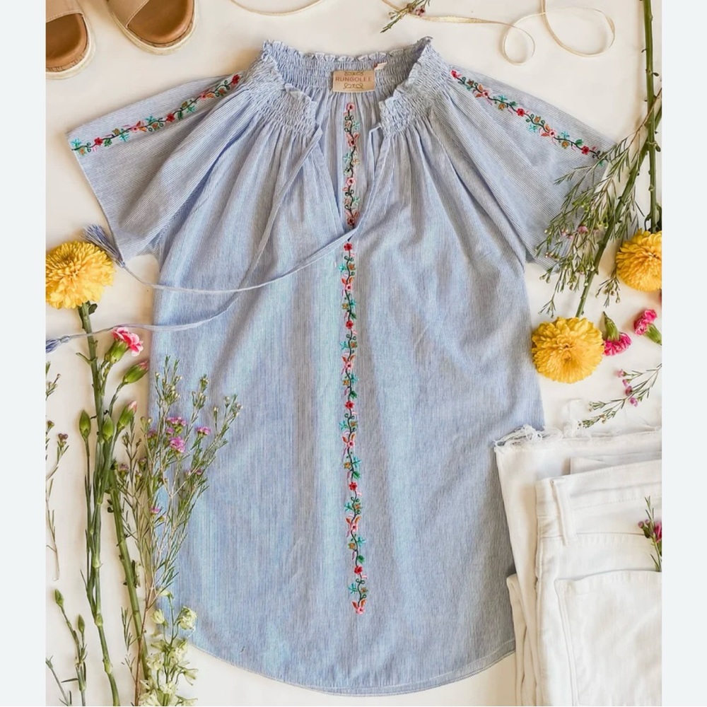 Light Blue Embroidered Smocked Neck Blouse - Womens